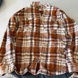 Duluth Trading Co Rust and Navy Plaid Shirt